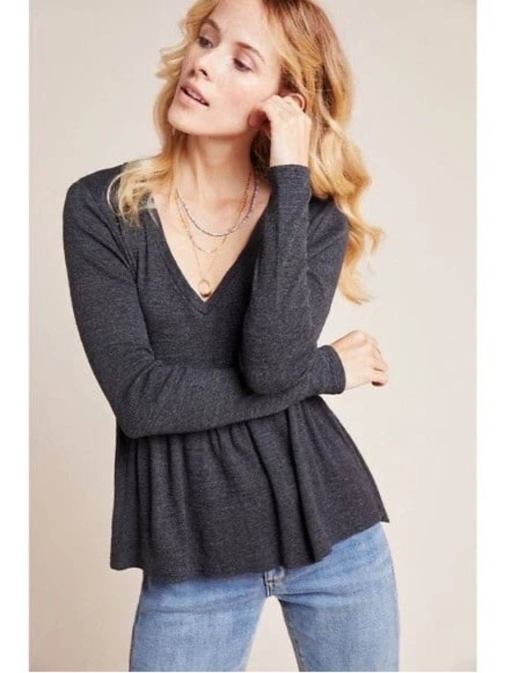 Free People Women's V-Neck Long Sleeve Peplum Top - Charcoal